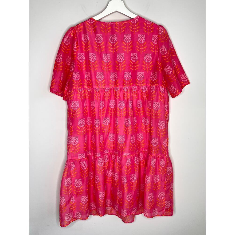J. Marie The Maeve Short Sleeve Tie Neck Tiered Mini Sundress Pink Womens Size M - Picture 9 of 11